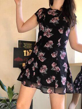 Divided by H&M Women's Black and Pink Floral Sheer Mini Dress SZ 10